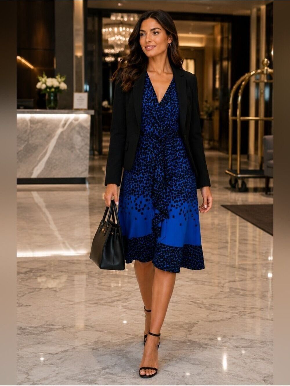 BCBGMAXAZRIA Blue Black Faux Wrap Midi Dress M Office Siren Cocktail Career - Picture 9 of 12